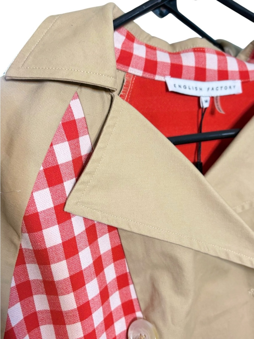 English Factory Beige Cropped Trench with Red Gingham Trim sz M - Picture 10 of 16